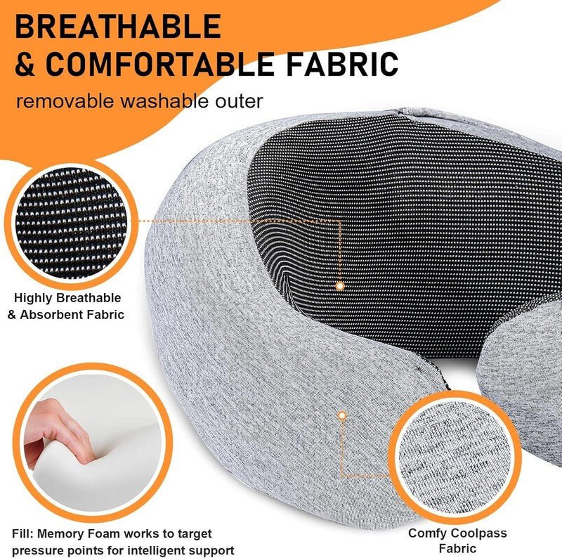 Hooded Memory Foam Travel Neck Pillow w/ Eye Mask & Earplugs – Light Gray2
