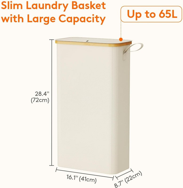 Slim 65L Laundry Hamper with Bamboo Handles, Foldable Basket with Lid, White2
