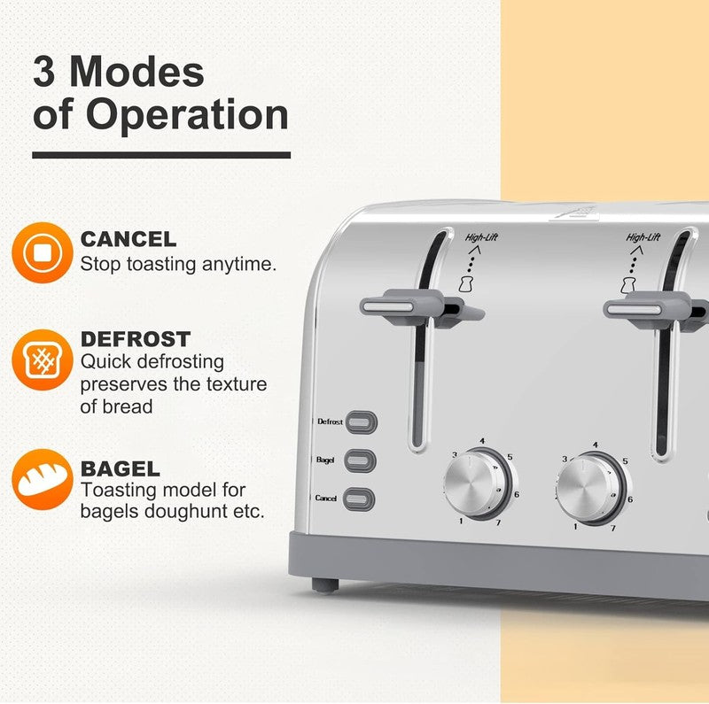 Retro 4 Slice Stainless Steel Toaster T-527 - Wide Slot, 7 Shades, Bagel, Waffle3