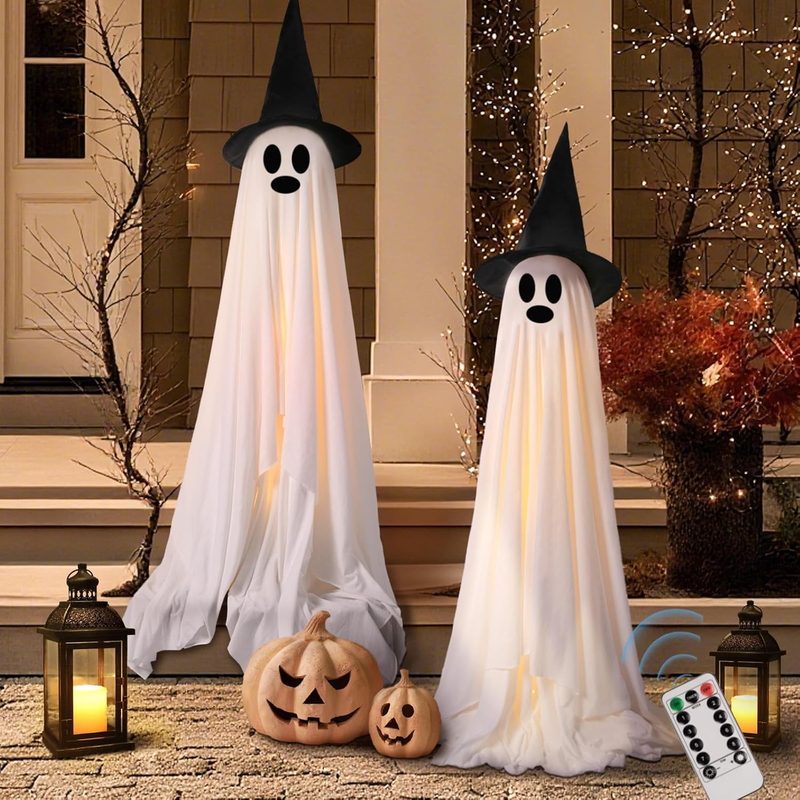 Light Up Halloween Ghosts w/ Witch Hats, 2 Pack, Indoor Outdoor Yard Decor8