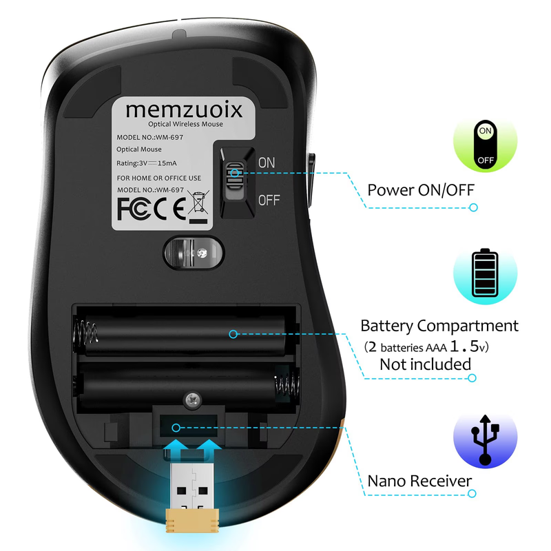 2.4G Wireless Mouse 1400 DPI 5 Button USB Receiver for PC Laptop Gold5