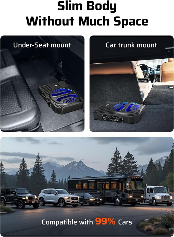 1200W 10" Slim Underseat Car Subwoofer with RGB Lights & Remote Control7
