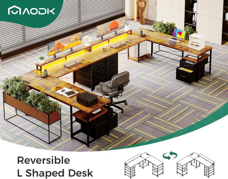 66" L Shaped Computer Desk Reversible Home Office LED Power Vintage7