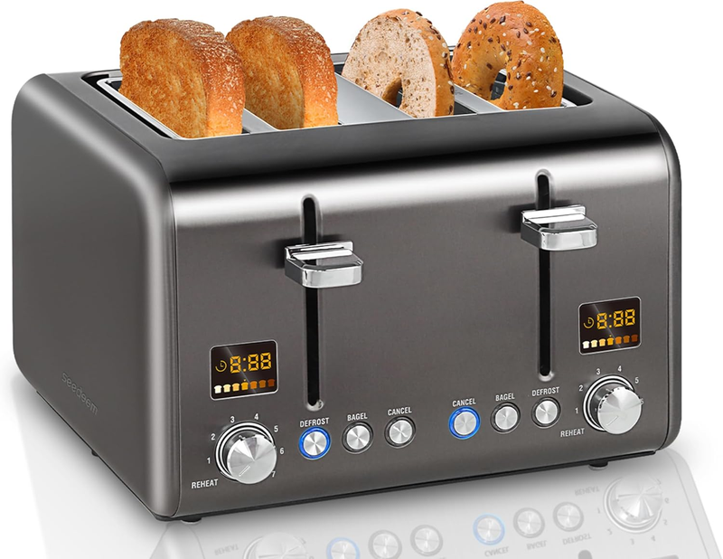 4 Slice Stainless Toaster - LCD, 7 Shades, Wide Slots, Bagel, Defrost, 1800W7
