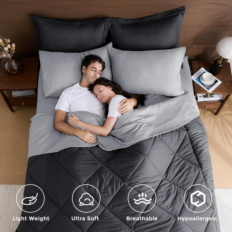 Queen Comforter Set 7 Piece Bed in Bag Soft Set Comforter Shams Dark Light Grey1