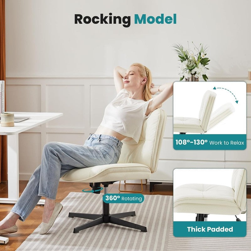 Armless Criss Cross Office Chair Beige PU Leather Swivel No Wheels Desk Chair5