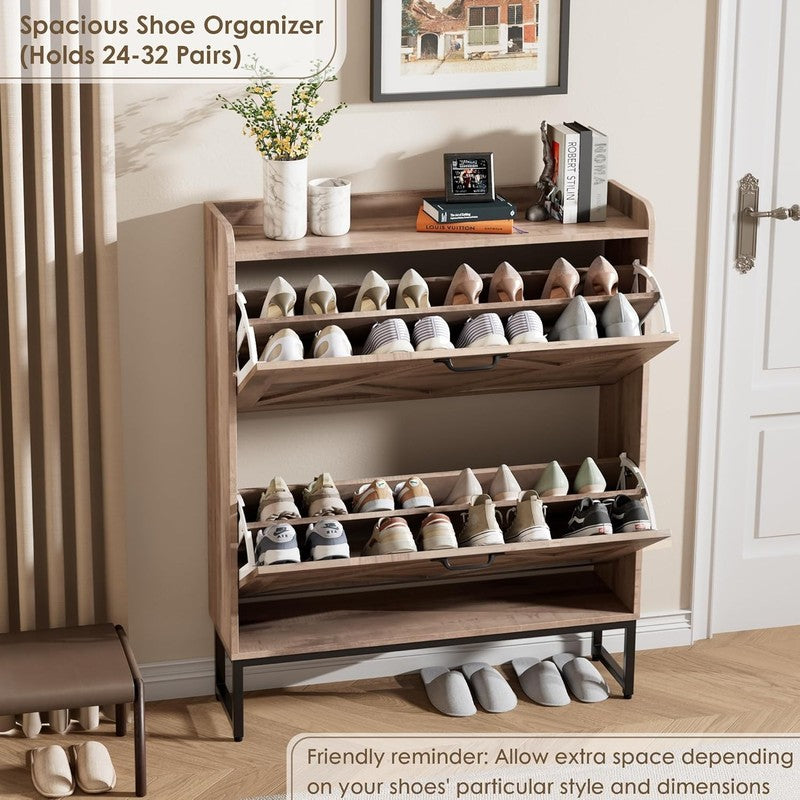 Shoe Cabinet 2 Flip Drawers Freestanding Slim Farmhouse Entryway Toasted Oak5