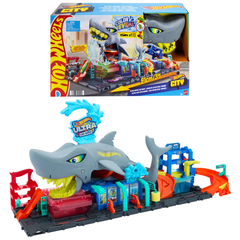 City Ultra Shark Car Wash with Color Reveal Toy Car in 1:64 Scale, Ages 3-8, 8.310