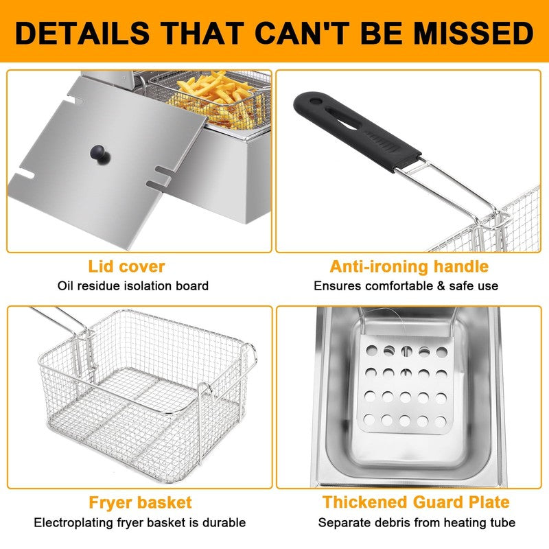 6L 2500W Electric Deep Fryer Commercial Tabletop Restaurant Frying Basket,Silver2