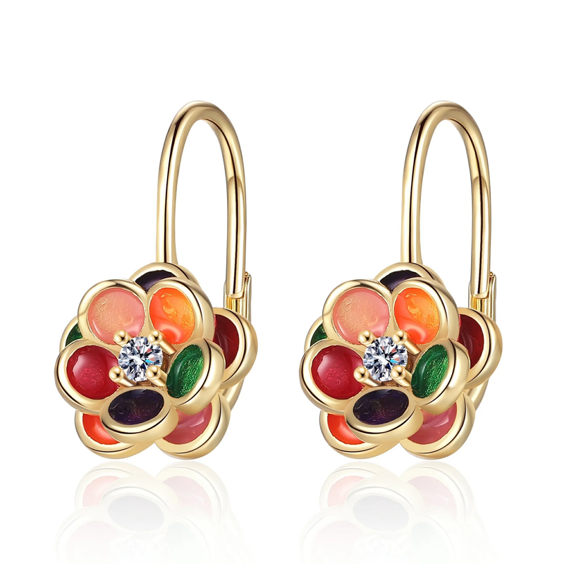 14K Gold Plated and Floral Leverback Earrings with Crystals9