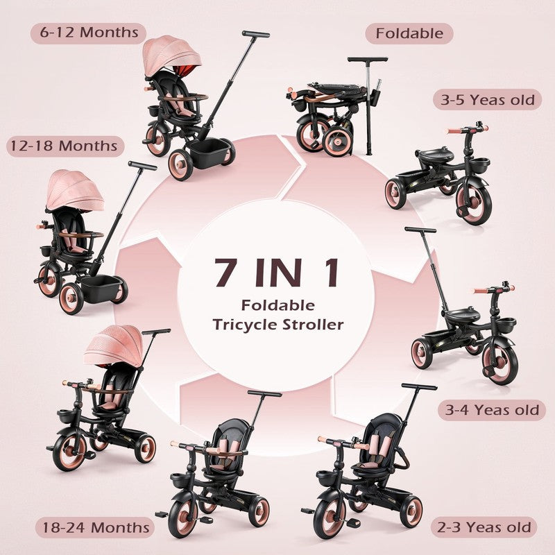 7 in 1 Foldable Tricycle Stroller for Toddler, Baby Tricycle with Adjustable Can2
