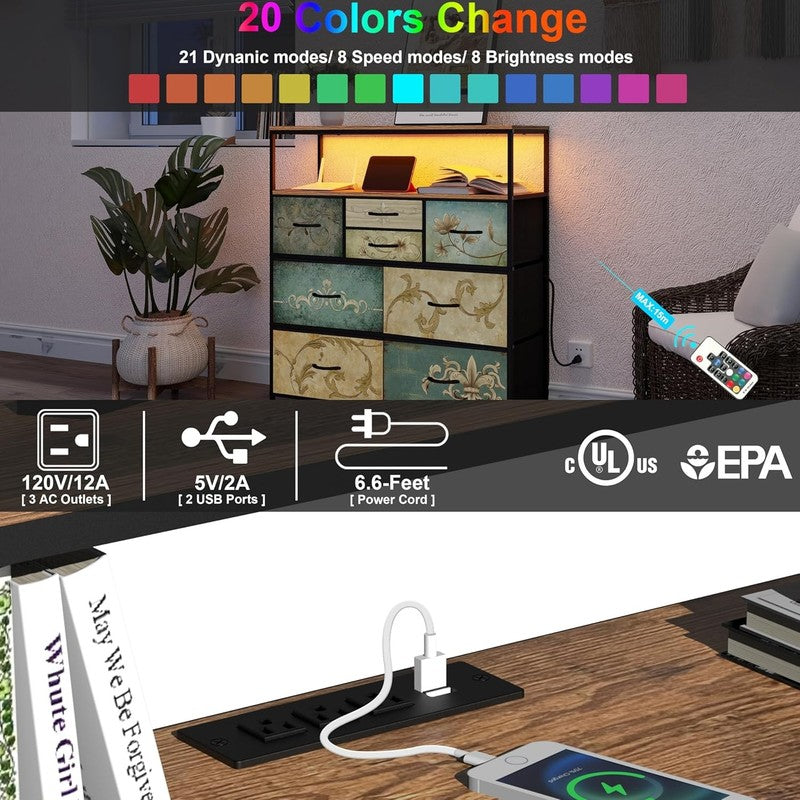 TV Stand Dresser with Power Outlet LED Light 8 Fabric Drawers Storage Chest3