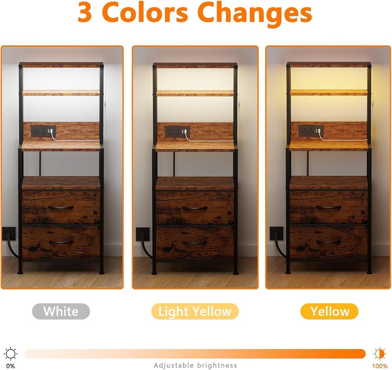 Tall Nightstand 4 Tier w/ 2 Fabric Drawers & Charging Station Rustic Brown4