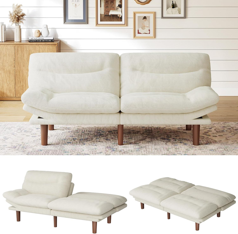 75in Futon Sofa Bed Convertible Corduroy Sleeper Sofa Loveseat Adjustable White7