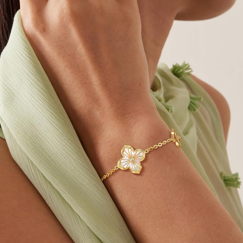 14K Gold Plated Pearl Clover Bracelet Women 2-Sided Flower Charm2