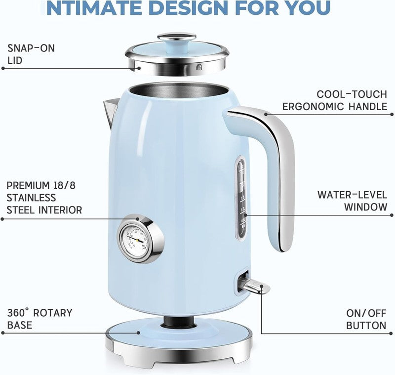 Electric Kettle 57Oz 1500W Stainless Steel Fast Boil w/ Thermometer Blue1
