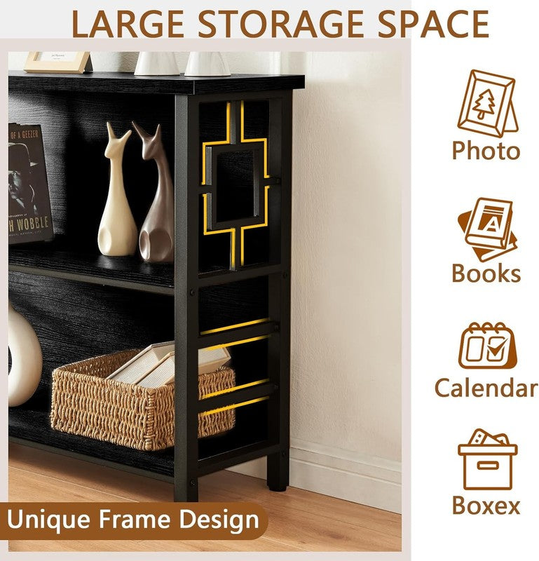 3 Tier Bookshelf Black Engineered Wood Metal Storage Bookcase Low Shelf3