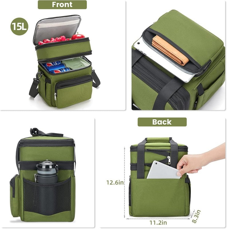 Insulated Lunch Bag & Box 15L Double Deck Reusable Cooler Tote Leakproof Green2