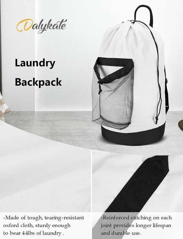 Backpack Laundry Bag with Straps & Pocket, Durable Nylon Clothes Stripe White4