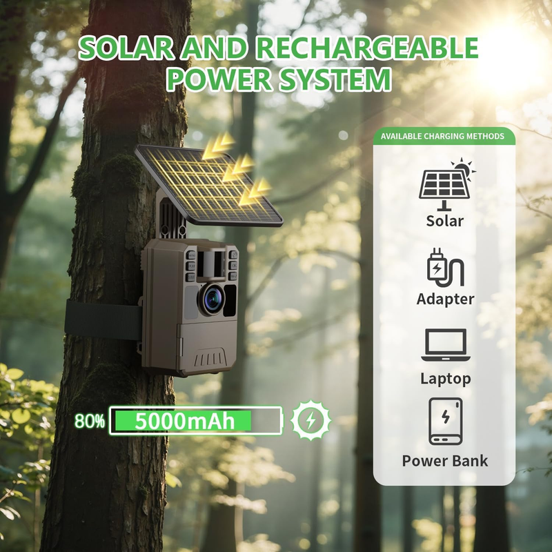 Solar 4K WiFi Trail Camera 64MP 0.1S Motion Night Vision IP67 64GB Battery Cam6