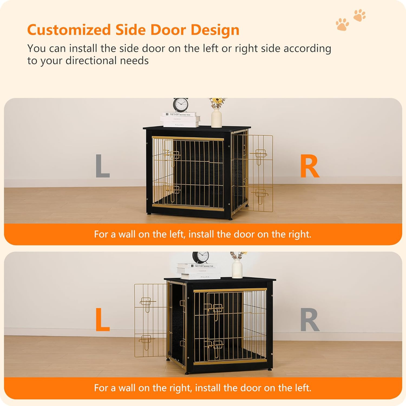 Dog Crate Furniture Table w/Cushion Wooden Kennel Double Door 27.2" Black/Gold5