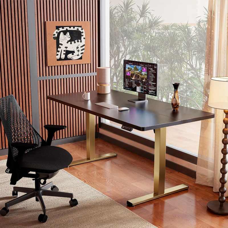 32x19 Sit Stand Desk Electric Height Adjustable Office Desk Black Gold1