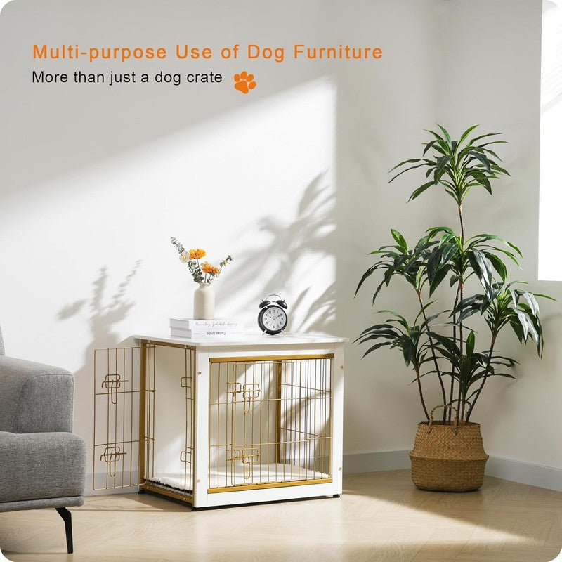 Dog Crate Furniture Table w/Cushion Wooden Kennel Double Door 27.2" White7