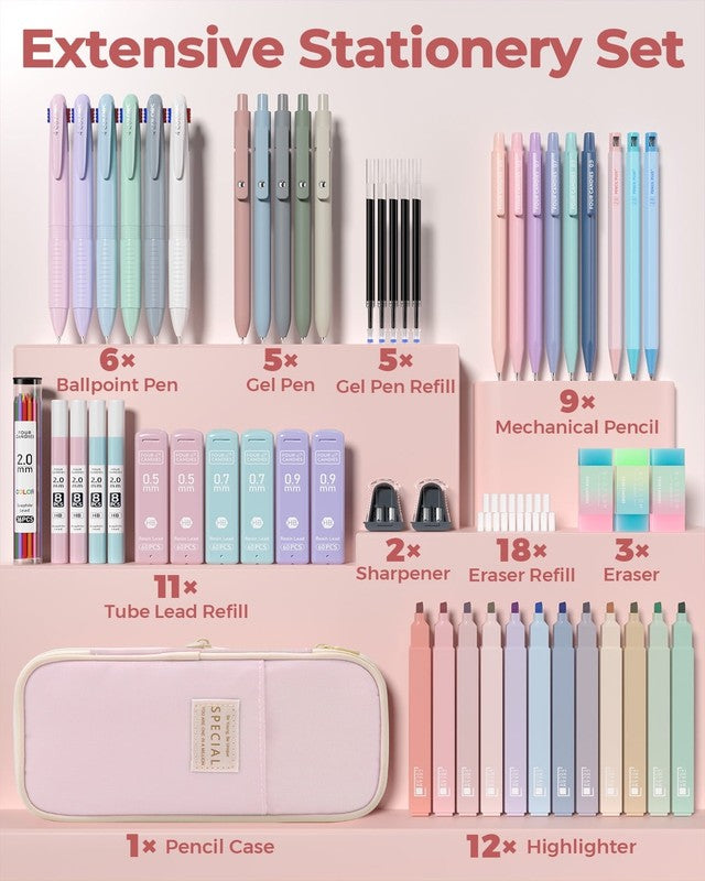 56 PCS Aesthetic Supplies with Large Pencil Case, 6 Colored Ballpoint Pens, 12 P1