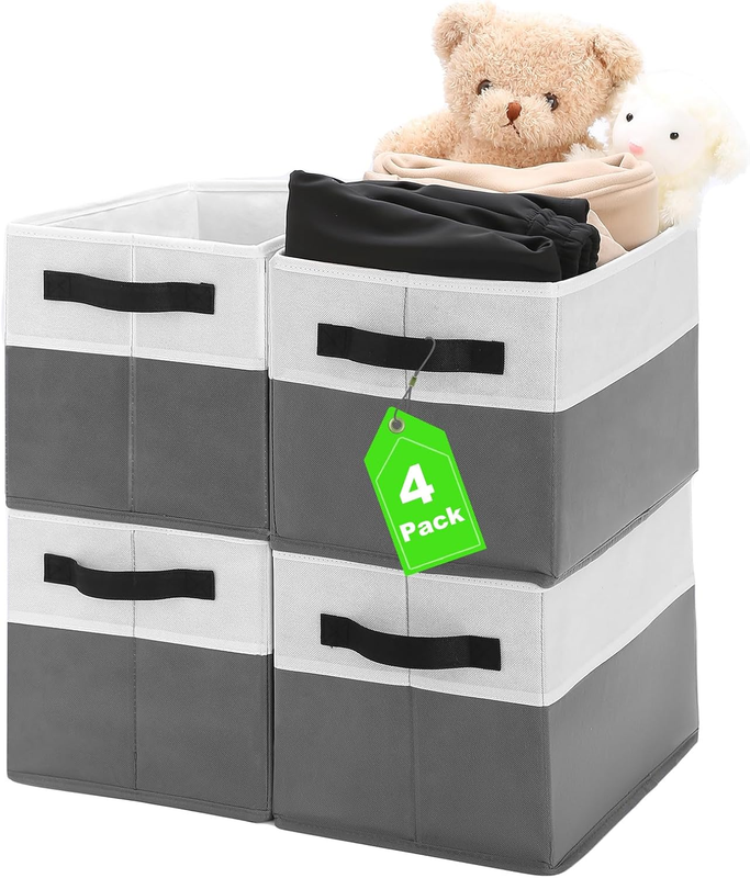 4 Pack Large Fabric Storage Bins with Handles, Collapsible Closet Cubes Grey7