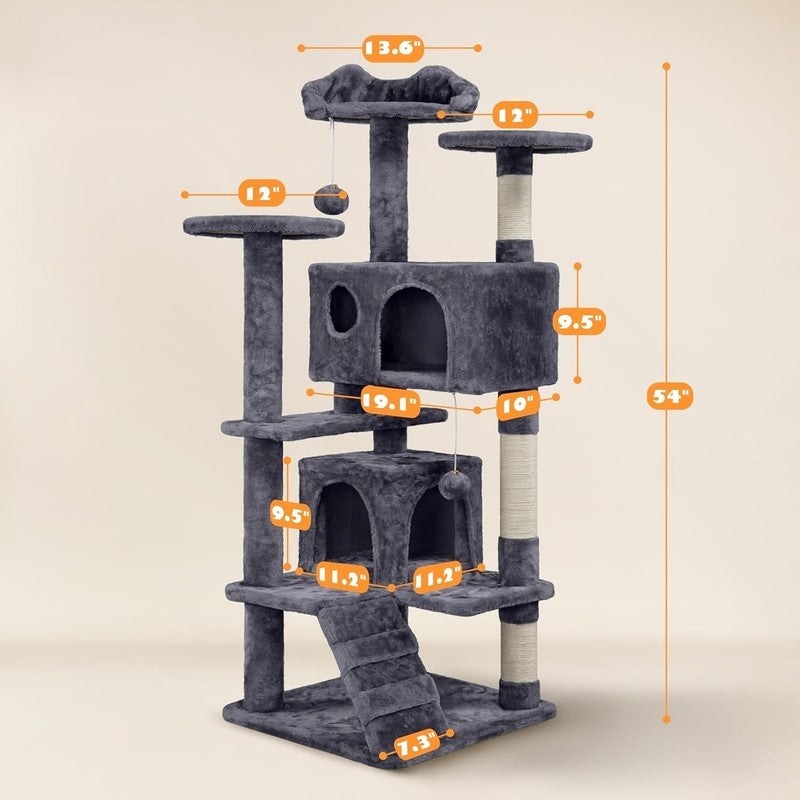 54In Cat Tree, Multi Level Cat Tower with Spacious Kitten Ear Perch, 2 Cozy Cave2