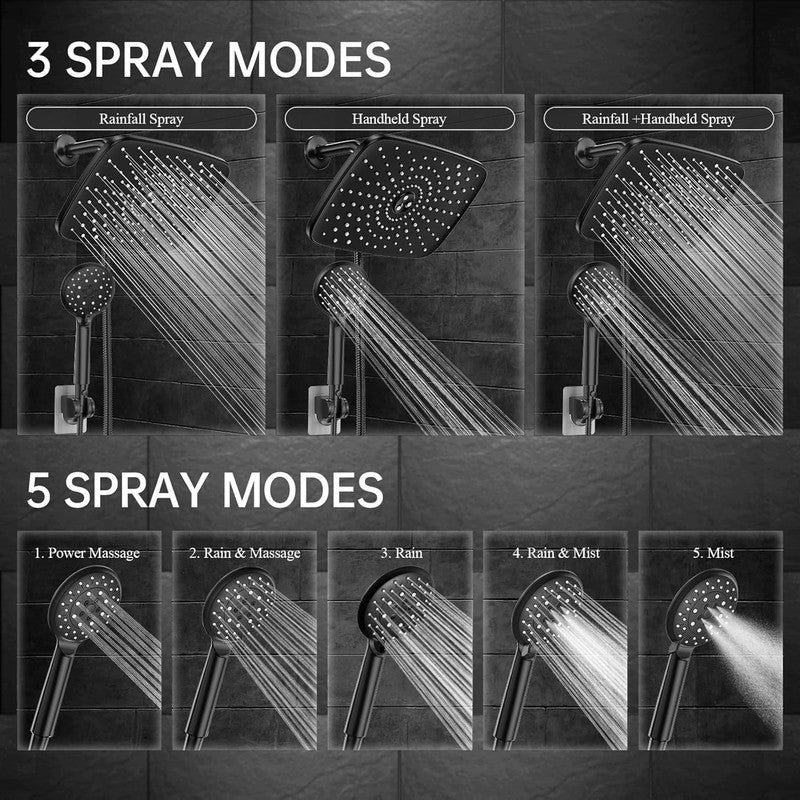 11.8" Rain Shower Head & Handheld Combo, 5-Mode High Pressure Matte Black3