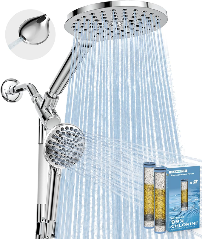 Dual Rain Shower Head Combo w/ Handheld Adjustable Bar Filtered Water Chlorine7
