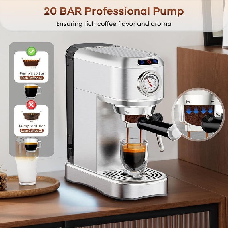 Espresso Machine, 20 Bar Compact Espresso Maker with Steam Milk Frother, Stainle1
