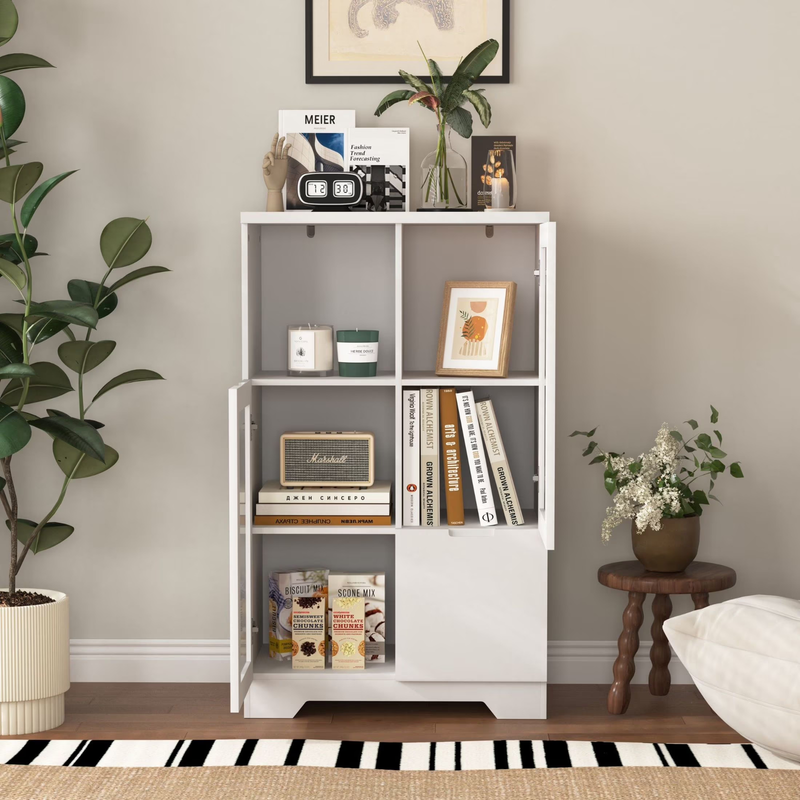 Storage Cabinet with Glass Doors and Drawer, Adjustable Shelves, White3