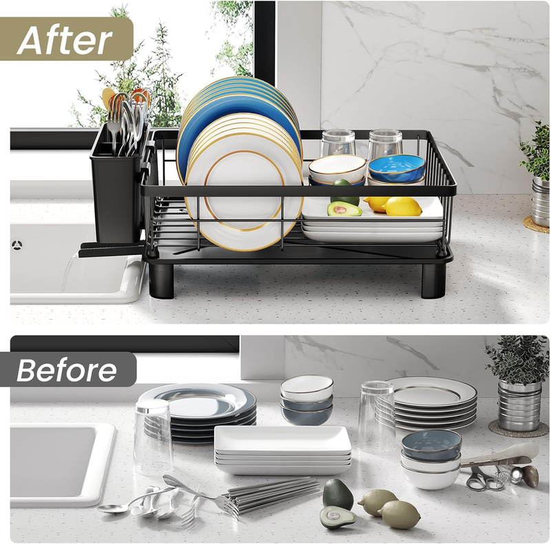 Stainless Steel Dish Drying Rack w/ Drainboard Utensil Holder Black5
