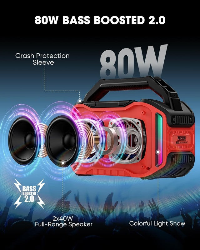 80W Bluetooth Speaker, Loud Bass, IPX6 Waterproof, 20H Playtime, TWS, Red1