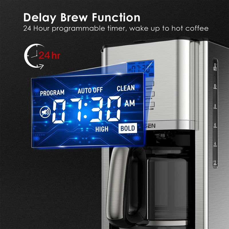 12 Cup Drip Coffee Maker Programmable Stainless Steel Self Cleaning Machine2