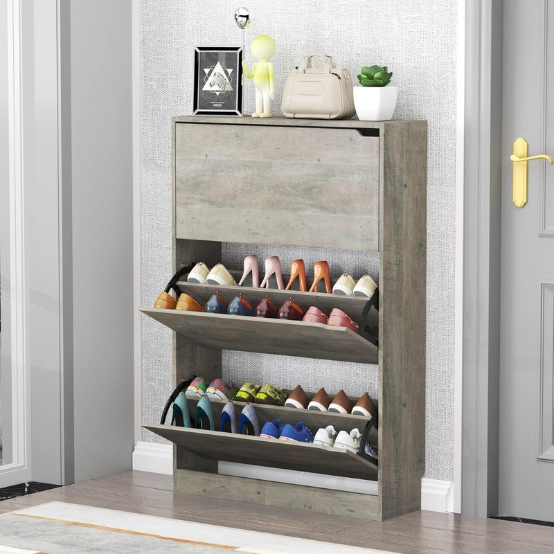 47'' Shoe Cabinet 3 Flip Drawers Slim Wood Storage Rack Organizer Entryway Grey4
