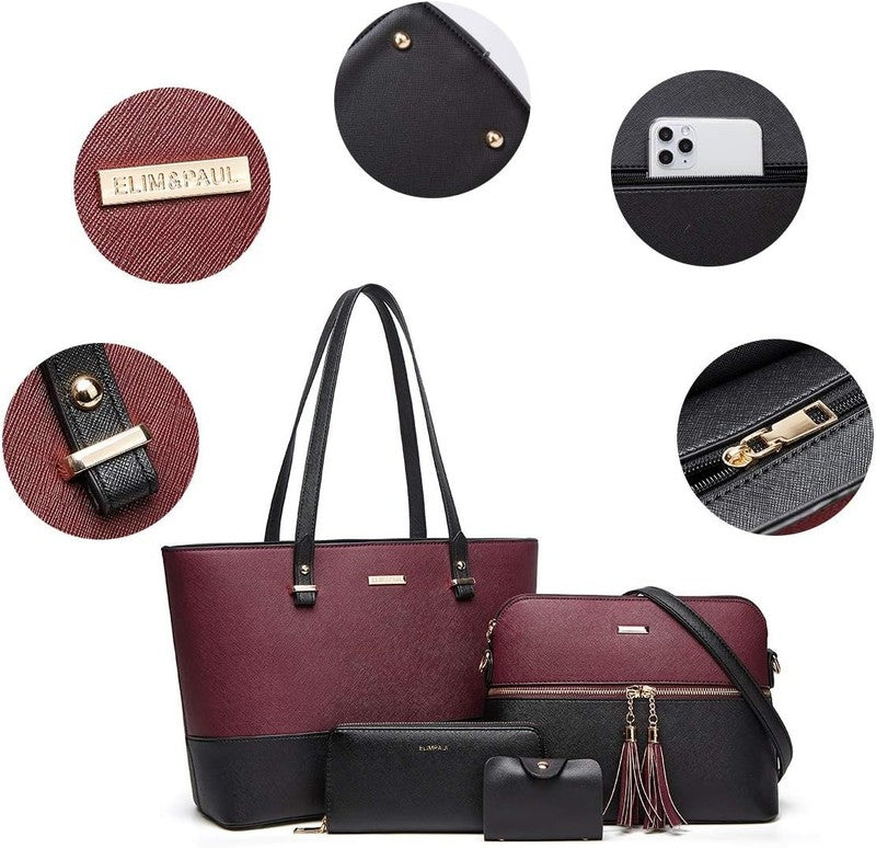 Women Fashion Synthetic Leather Handbag Set 4PCS Tote Shoulder Satchel Purse2