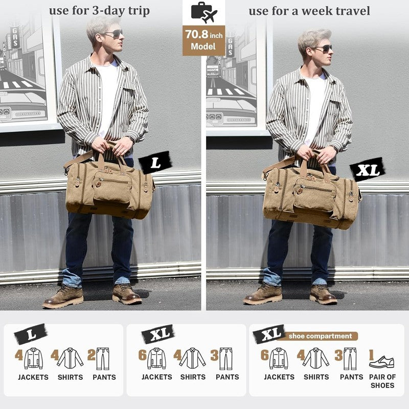 Canvas Duffle Bag for Travel, 50L Duffel Overnight Weekend Bag(Coffee)5