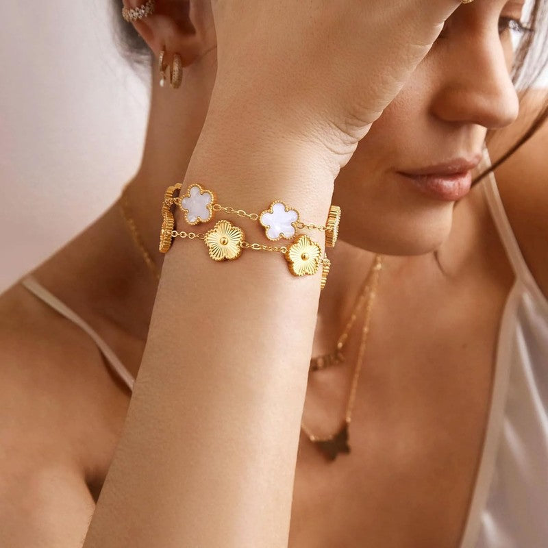 18K Gold Plated Floral Bracelet Set, Non-Tarnish, Adjustable, Gift for Her2