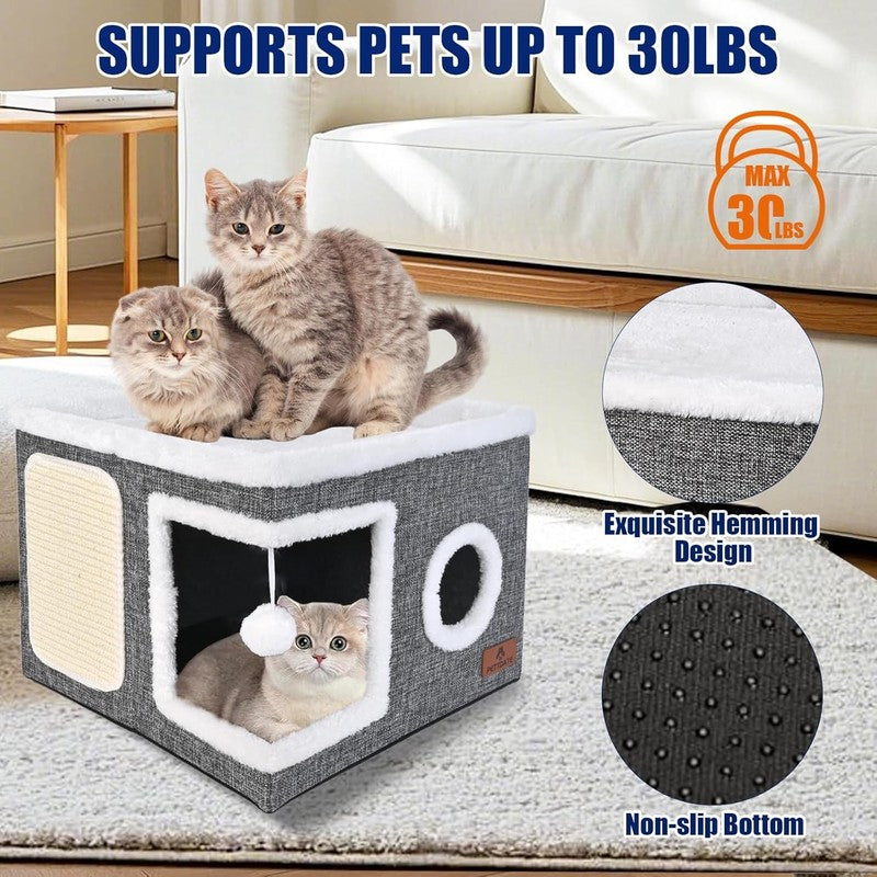 Cat Cave Bed for Indoor Cats – Foldable Cat House with Scratch Pad Grey2