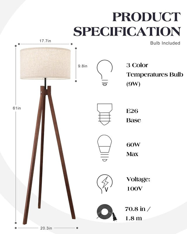 Wood Tripod Floor Lamp Mid Century Reading Lamp Linen Shade LED 9W 3 Color5