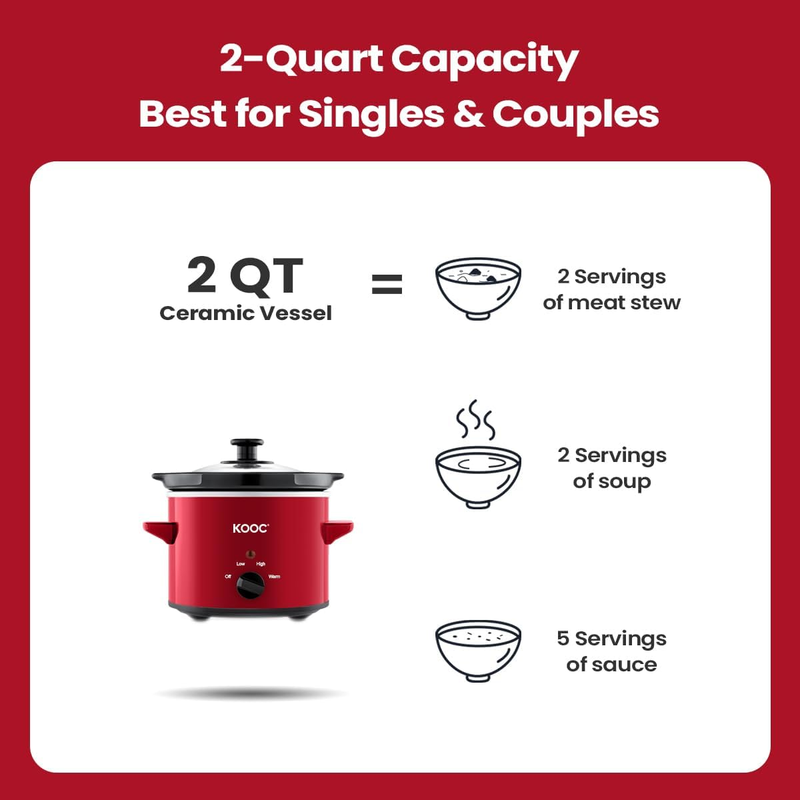 2Qt Small Slow Cooker Ceramic Adjustable Temp Stainless Steel Red2