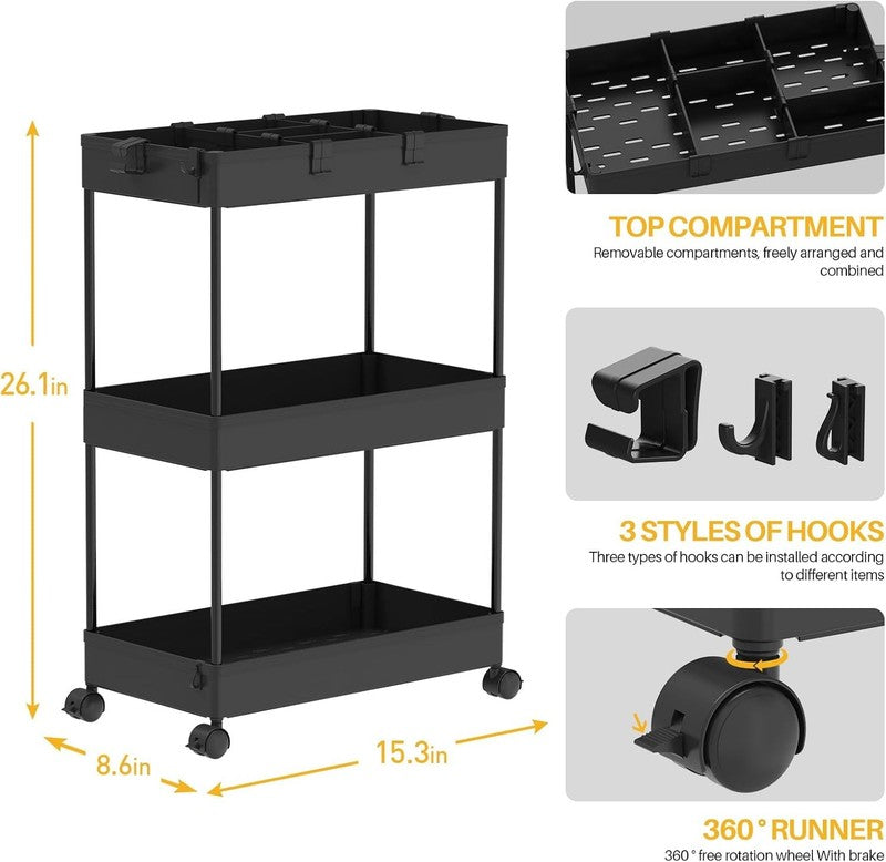 3-Tier Rolling Cart with Wheels, Storage Trolley Organizer with Baskets, Black1