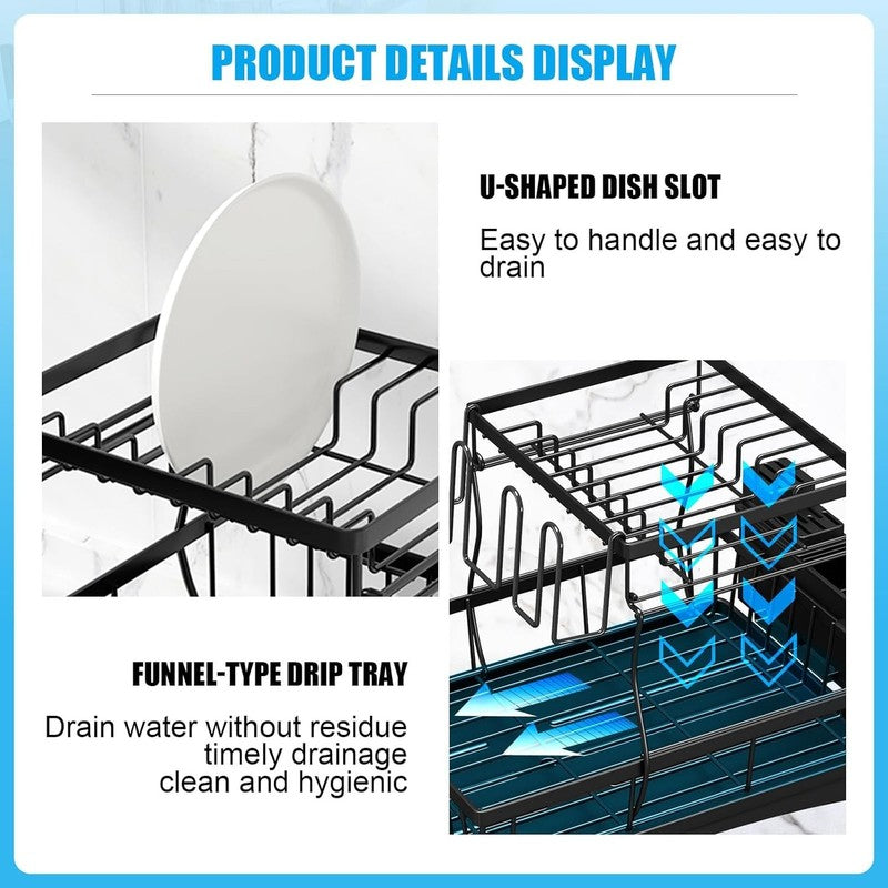 2 Tier Large Dish Drying Rack with Utensil Holder   Black Kitchen Organizer3