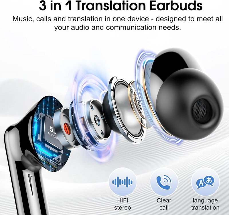 AI Translation Earbuds 164 Languages Bluetooth 5.3 Real Time 40H4