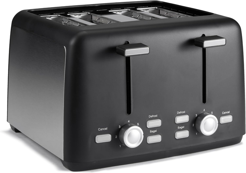 4 Slice Toaster Black & Silver - Wide Slots, 7 Shades, Bagel, Defrost, 1500W9