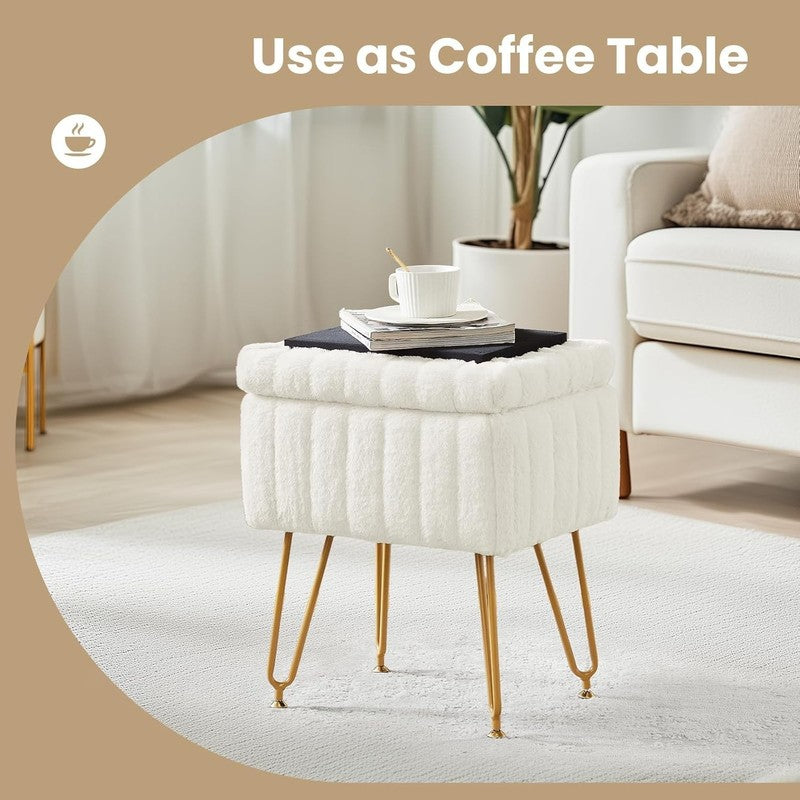 Vanity Stool Ottoman with Storage Faux Fur Seat Footrest Chair 4 Metal Legs4