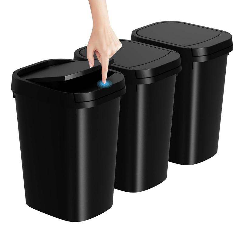 3-Pack 2.6 Gal Slim Trash Cans with Pop-Up Lid Black Plastic Waste Bins10